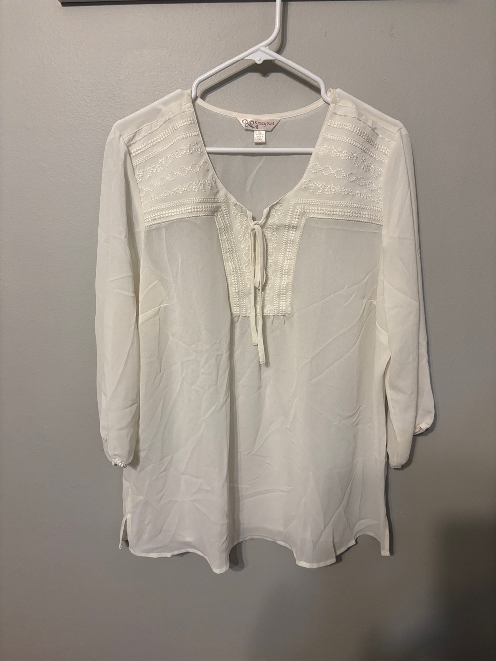 Krazy Kat  Cream Embroidered Tie-Neck Tunic Top